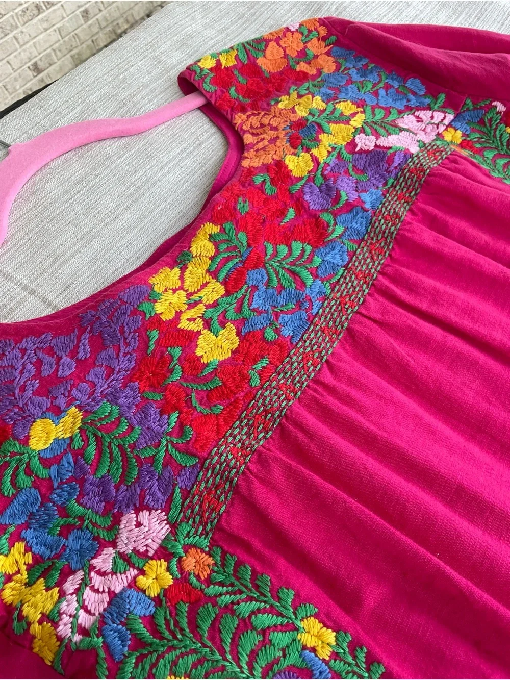 Small Linen‎ blend embroidered hot pink fuchsia dress with pockets boho resort